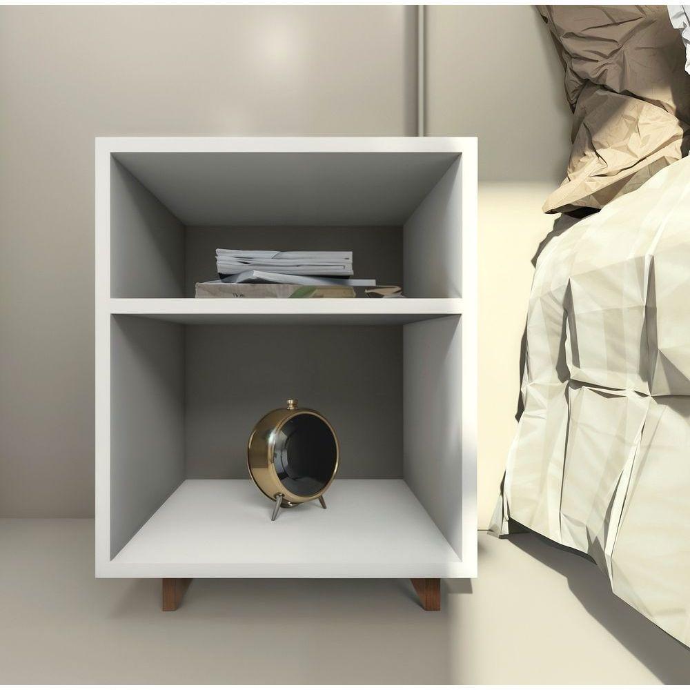 Mesa Cabeceira Nicho Quarto 39x50x37 Branco Pés Amadeirados - 1