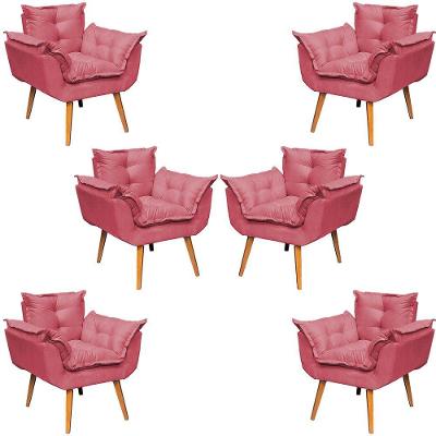 Kit 6 Poltronas Decorativa Alice Pé Trapézio 30cm Castanho - Suede
