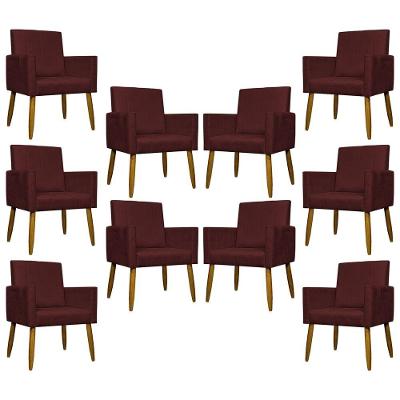 Kit 10 Poltronas Decorativas Mari Pé Palito Castanho - Bordô Suede
