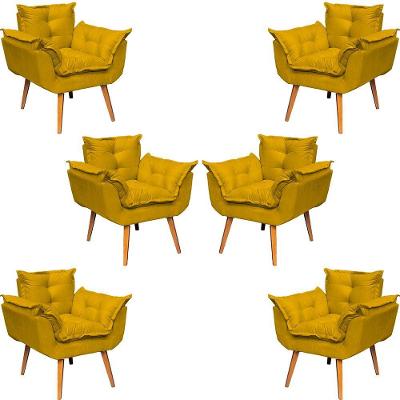 Kit 6 Poltronas Decorativa Alice Pé Trapézio 30cm Castanho - Suede