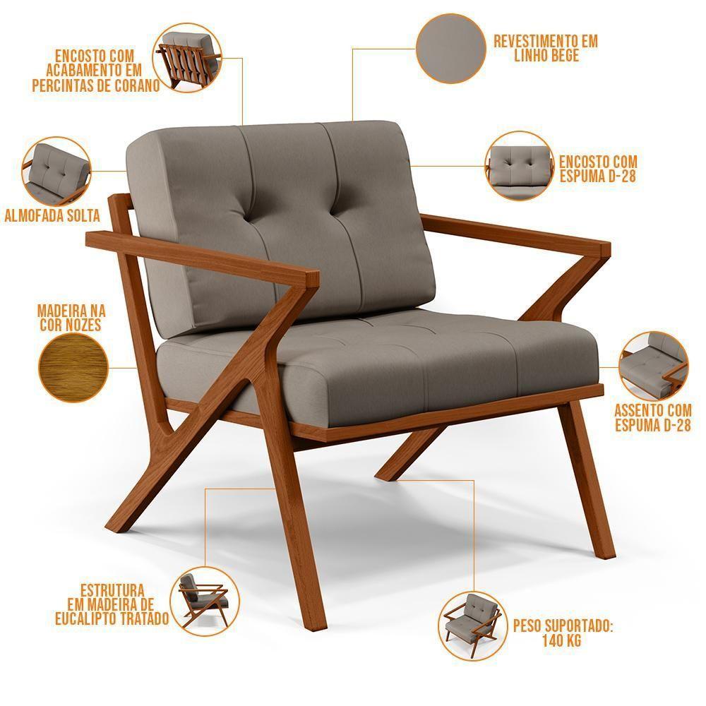 Poltrona Decorativa Sala De Estar Com Cintas De Corano Laís B04 Linho Bege - 6