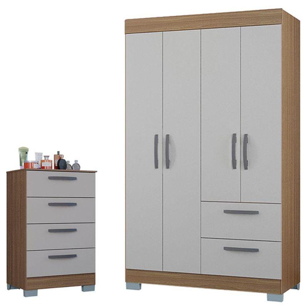 Cômoda 867 4 Gavetas E Guarda Roupa Solteiro Tóquio 4 Portas Castanho Off White - Poquema - 2