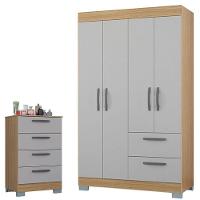 Cômoda 867 4 Gavetas E Guarda Roupa Solteiro Tóquio 4 Portas Damasco Off White - Poquema - 1