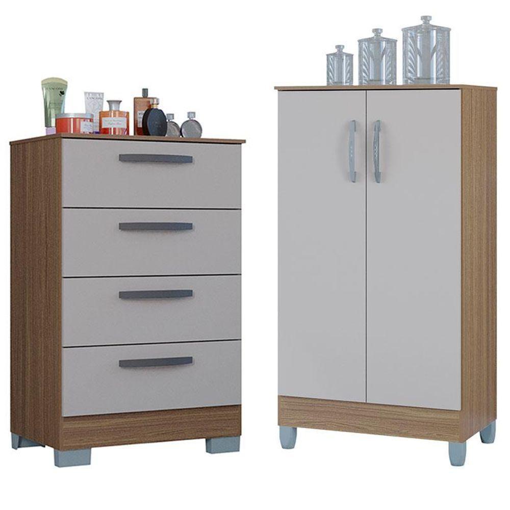 Cômoda 867 4 Gavetas Com Armário Multiuso 2 Portas Pequeno Castanho Off White - Poquema - 1