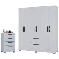 Cômoda 867 4 Gavetas E Guarda Roupa Casal Tóquio 6 Portas Branco Brilho - Poquema - 1