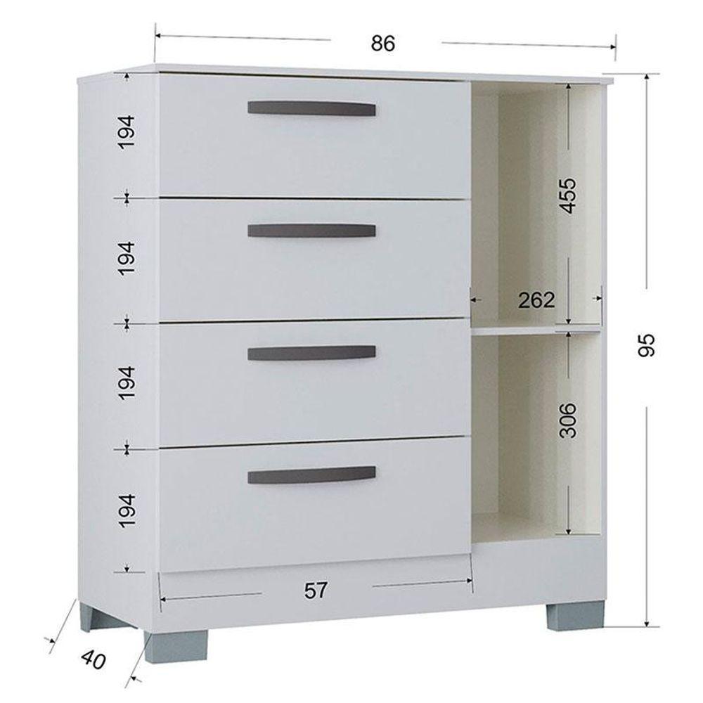 Cômoda 868 4 Gavetas E 1 Porta Com Guarda Roupa Solteiro Tóquio 4 Portas Branco Brilho - Poquema - 6