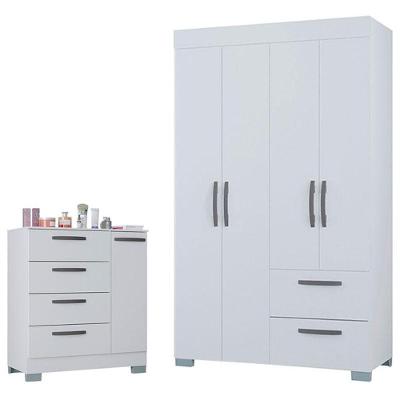 Cômoda 868 4 Gavetas com Guarda Roupa Solteiro Tóquio MDF Branco Brilhante
