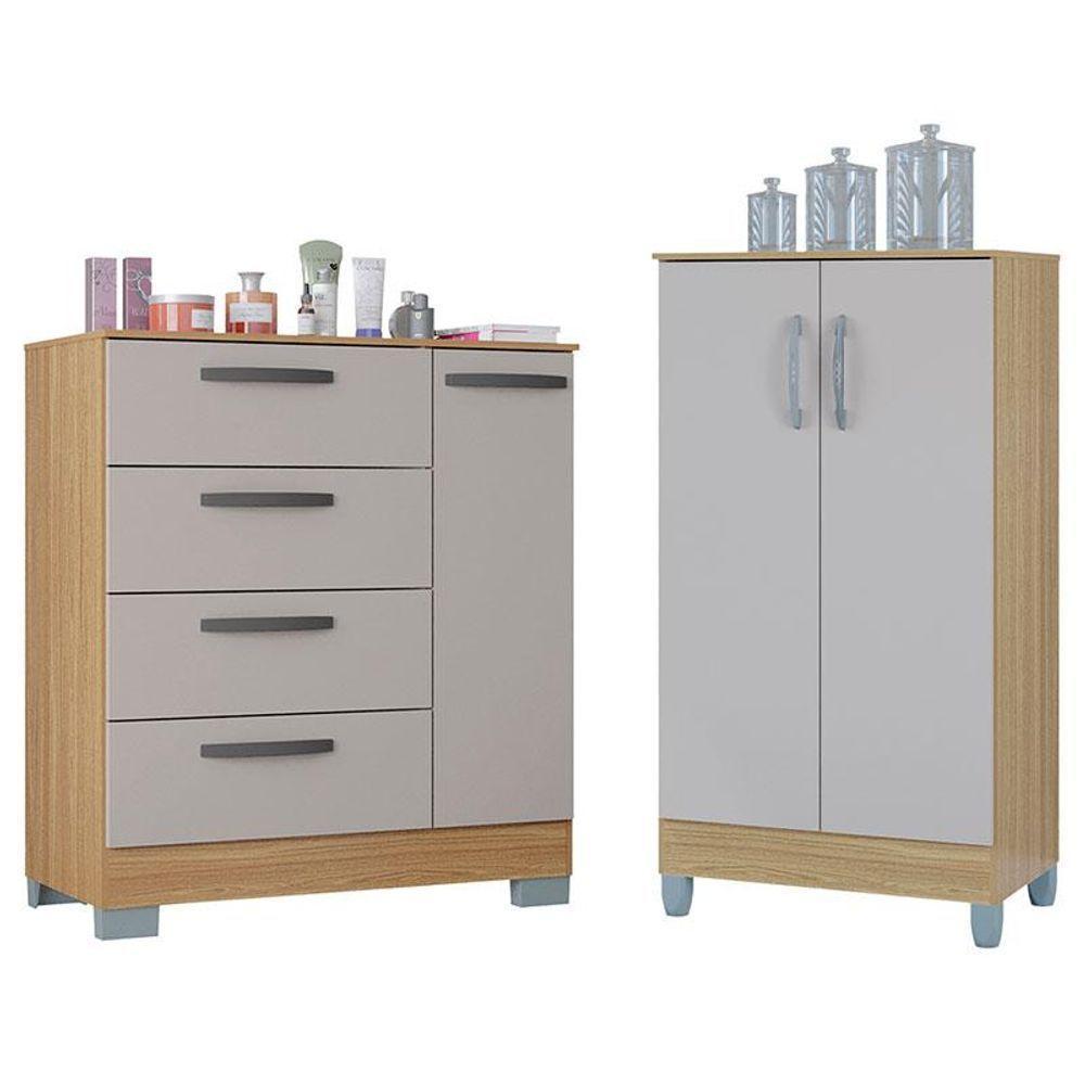 Cômoda 868 4 Gavetas E 1 Porta Com Armário Multiuso 2 Portas Pequeno Damasco Off White - Poquema - 1