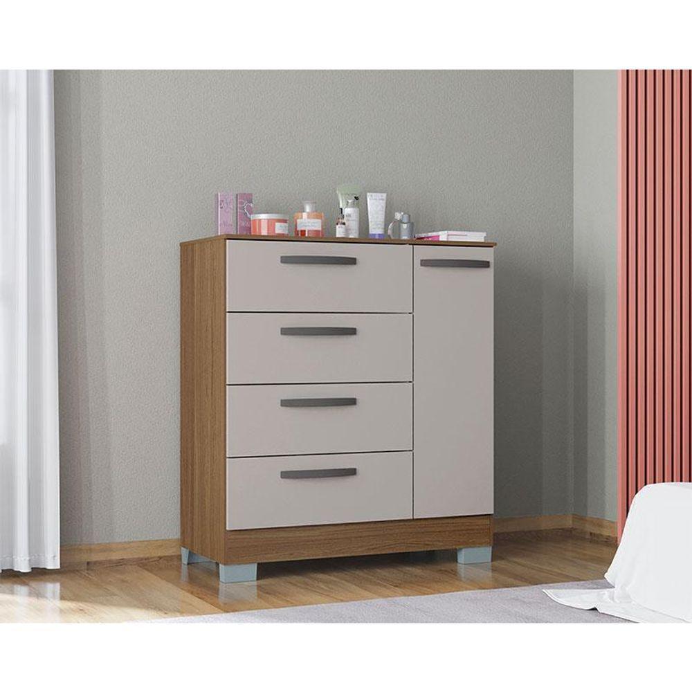 Cômoda 868 4 Gavetas E 1 Porta Com Armário Multiuso 2 Portas Pequeno Castanho Off White - Poquema - 2