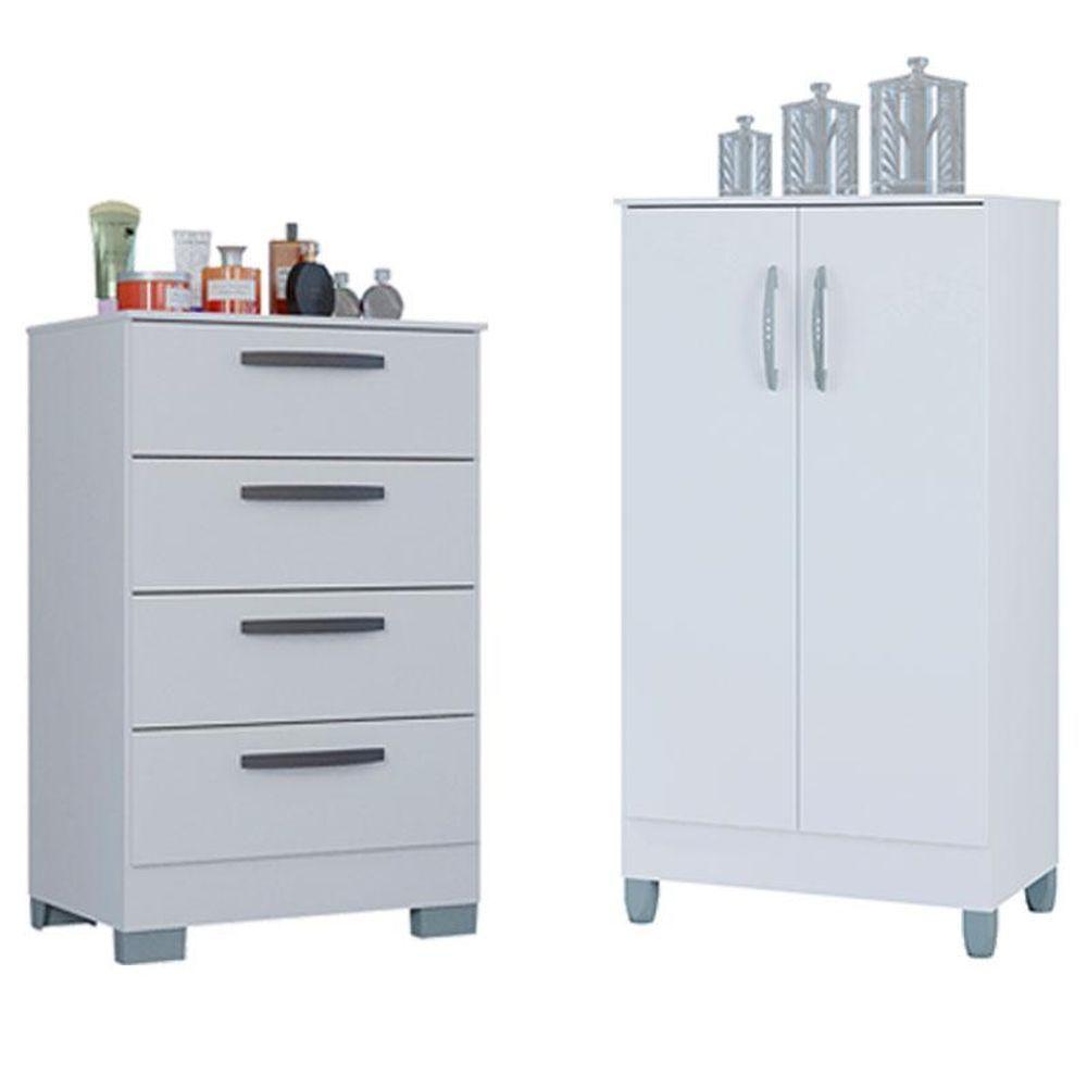 Cômoda 867 4 Gavetas Com Armário Multiuso 2 Portas Pequeno Branco Brilho - Poquema - 1