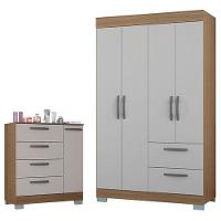 Cômoda 868 4 Gavetas E 1 Porta Com Guarda Roupa Solteiro Tóquio 4 Portas Castanho Off White - Poquema - 1