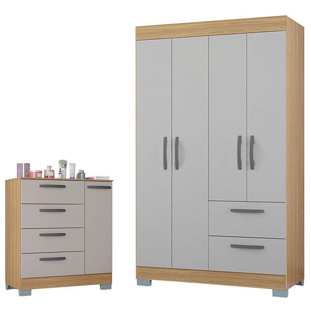 Cômoda 868 4 Gavetas E 1 Porta Com Guarda Roupa Solteiro Tóquio 4 Portas Damasco Off White - Poquema - 1