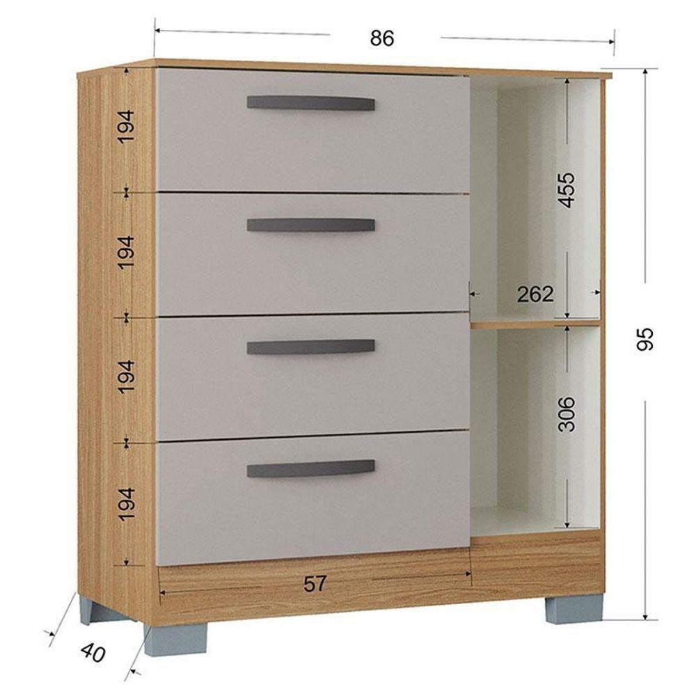 Cômoda 868 4 Gavetas E 1 Porta Com Guarda Roupa Solteiro Tóquio 4 Portas Damasco Off White - Poquema - 7