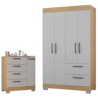 Cômoda 868 4 Gavetas E 1 Porta Com Guarda Roupa Solteiro Tóquio 4 Portas Damasco Off White - Poquema - 1