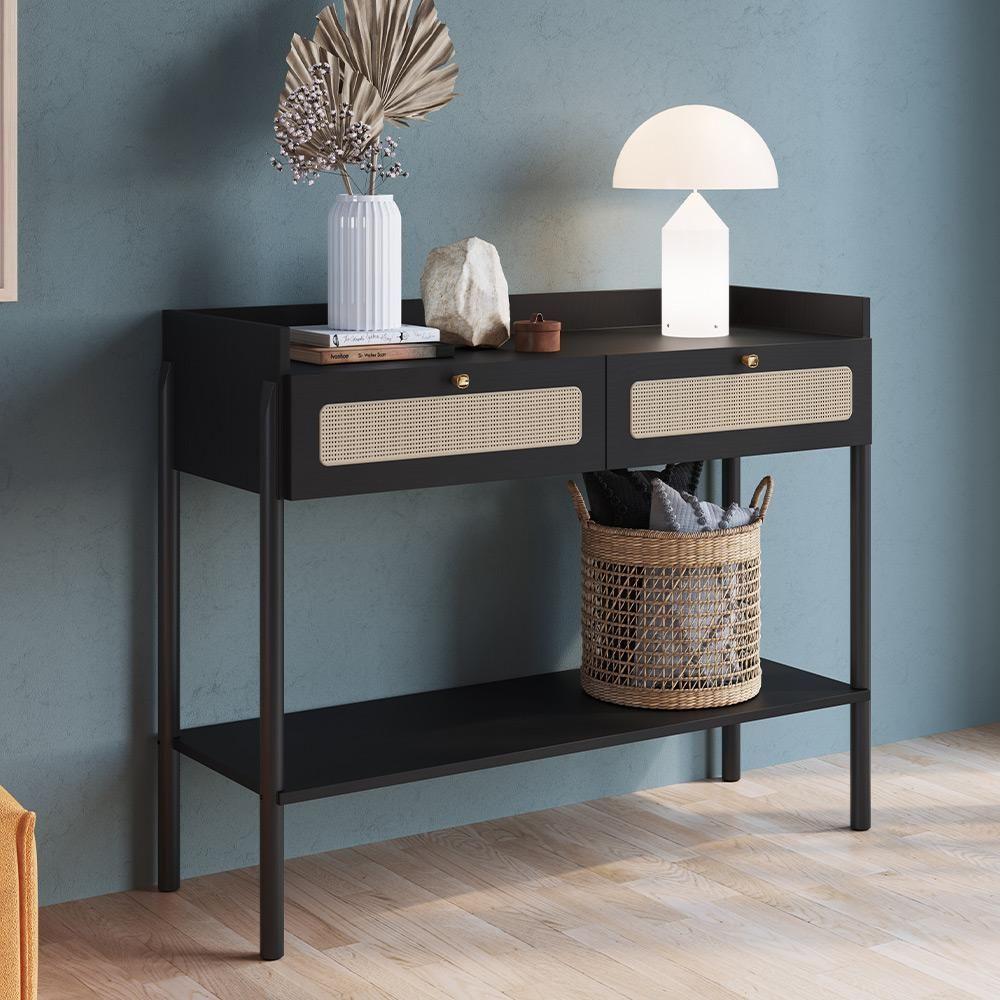 Aparador Para Sala De Estar 2 Gavetas Pés Madeira Moss A03 Nero Preto - 5