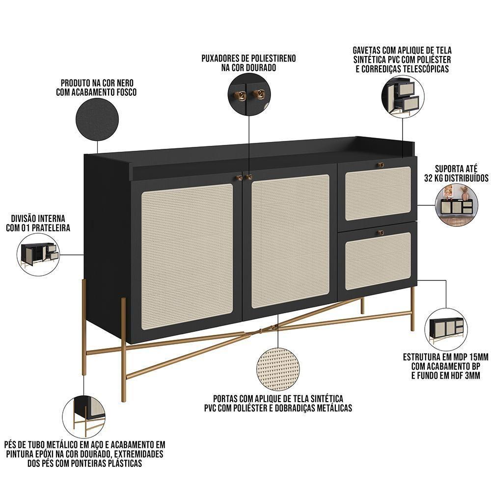 Aparador Buffet Para Sala De Jantar 139cm Industrial Indy A03 Nero Dourado - 4