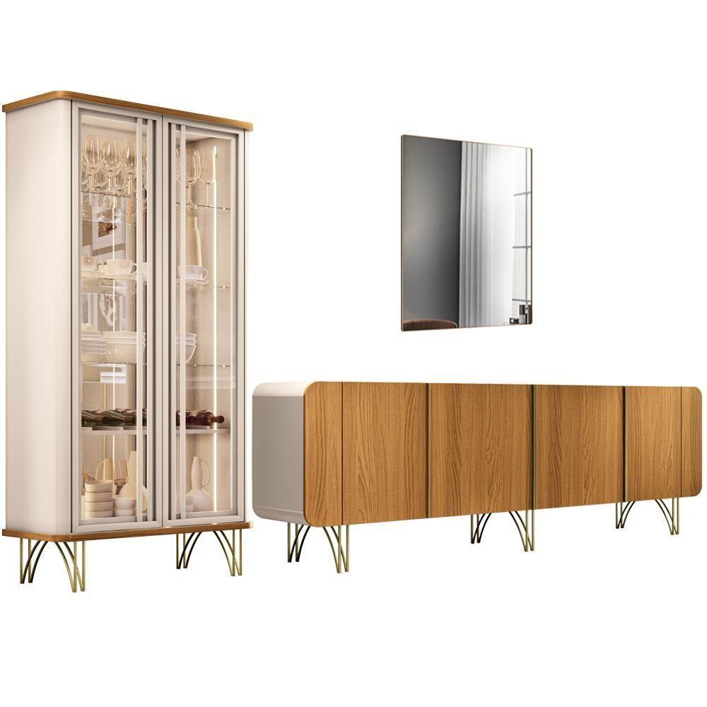 Kit Aparador Buffet Living Santiago Cristaleira Adega Síria E Espelho Ibiza B01 Cinamomo Off - 1