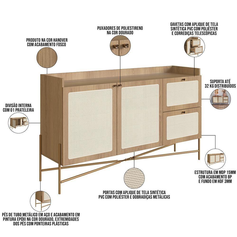Aparador Buffet Para Sala De Jantar 139cm Industrial Indy A03 Hanover Dourado - 3