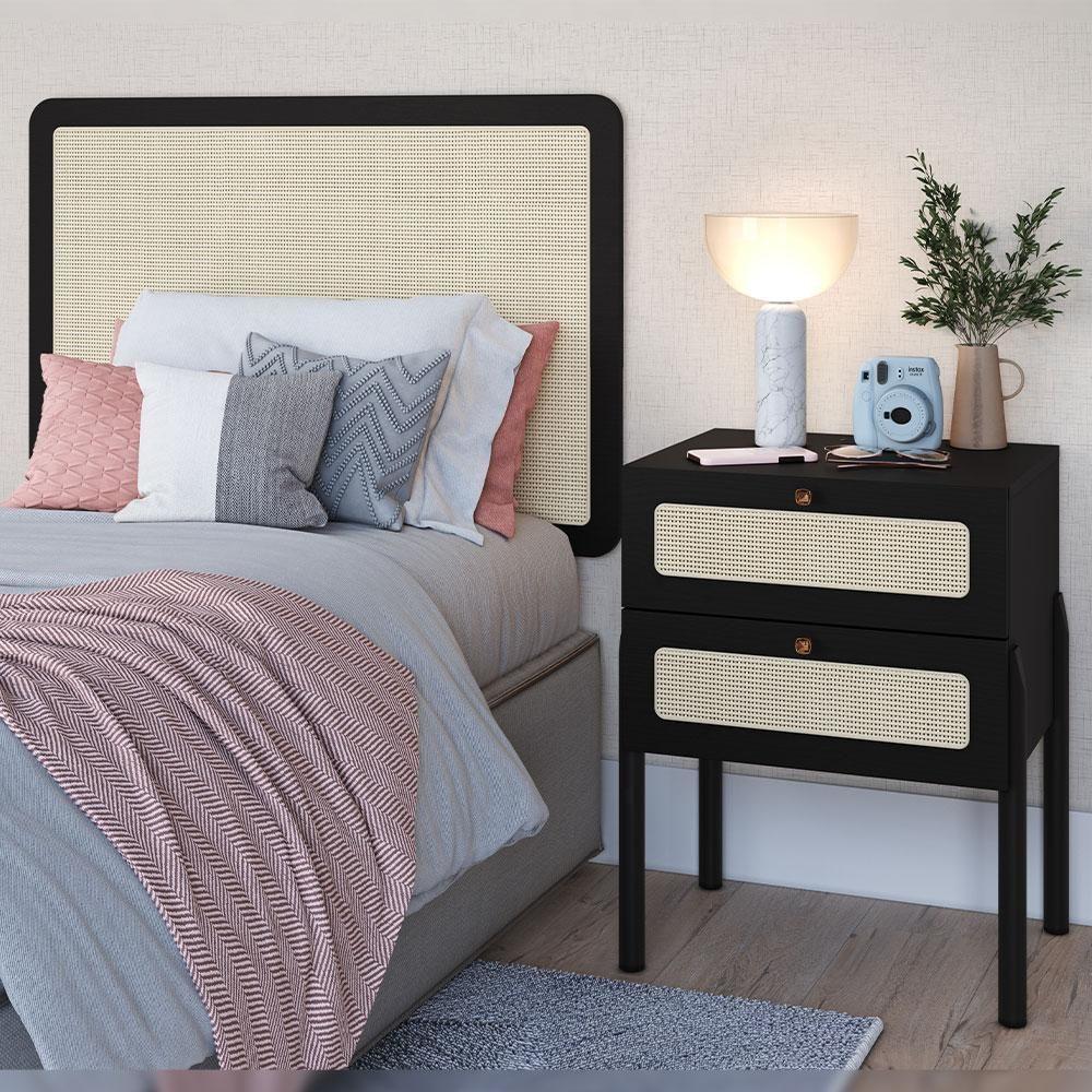 Cabeceira Solteiro 90cm E 1 Mesa Lateral 2 Gavetas Madeira Moss A03 Nero Preto - 6