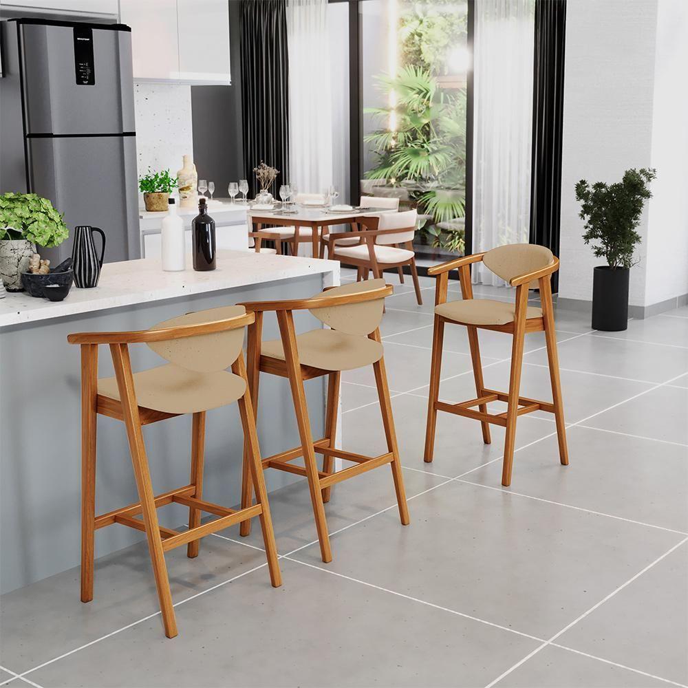 Banqueta Alta Para Cozinha Bancada Bar Sala De Jantar Fixa Cecília L02 Linho Bege Escuro - 6