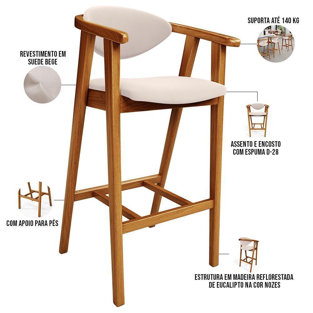 Banqueta Alta Para Cozinha Bancada Bar Sala De Jantar Fixa Cecília L02 Suede Bege - 6