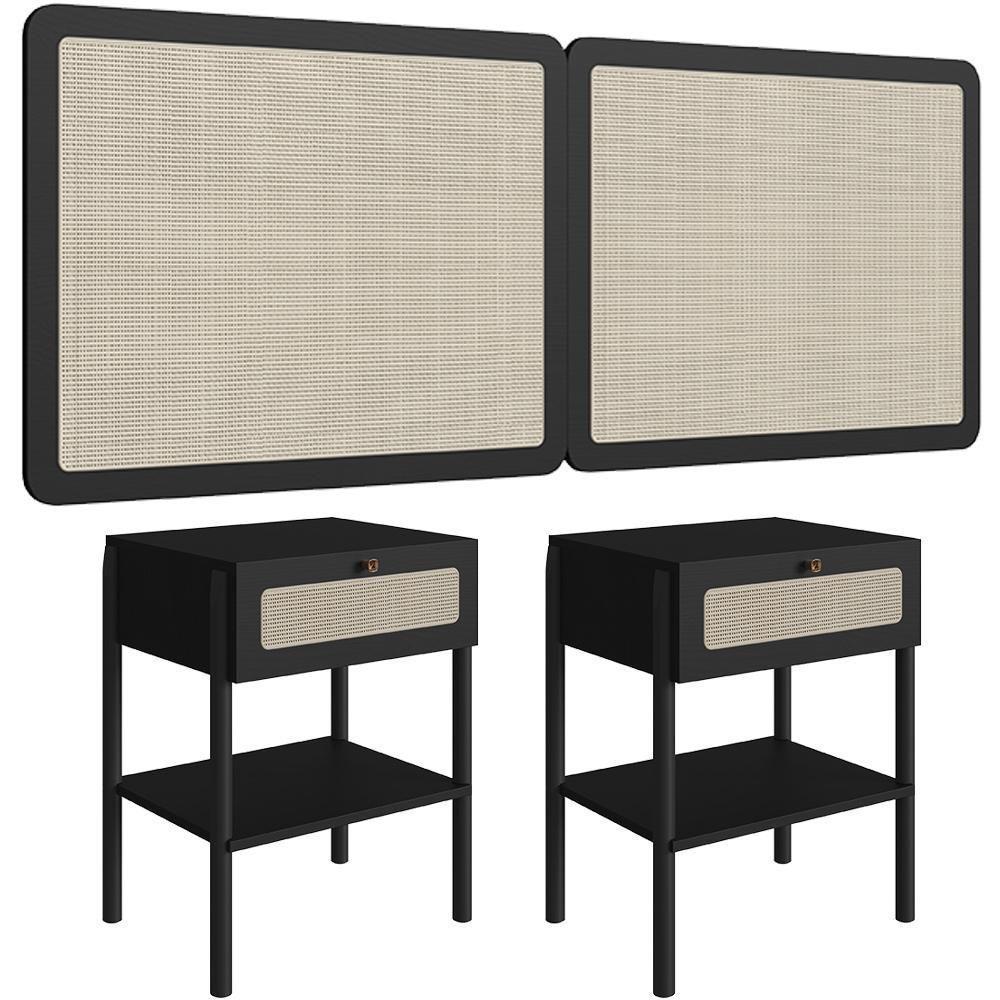 Cabeceira Casal Queen 160cm E 2 Mesas Laterais 1 Gaveta Madeira Moss A03 Nero Preto - 1