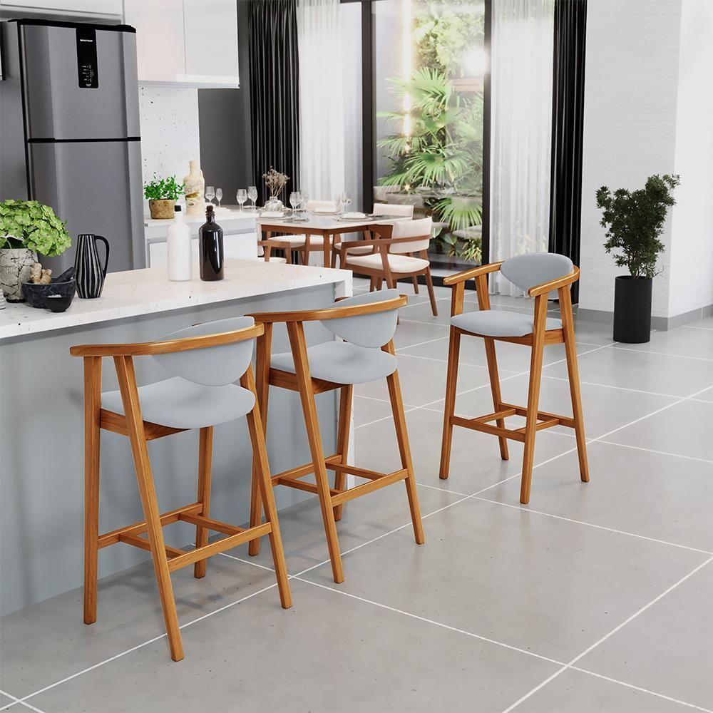Banqueta Alta Para Cozinha Bancada Bar Sala De Jantar Fixa Cecília L02 Suede Cinza - 4
