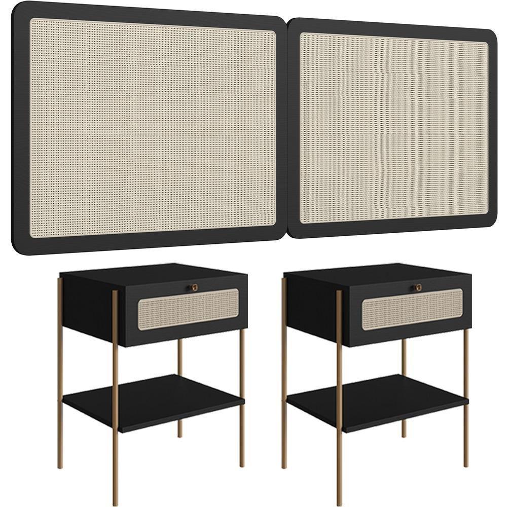 Cabeceira Casal Queen 160cm E 2 Mesas Laterais 1 Gaveta Industrial Indy A03 Nero - 1