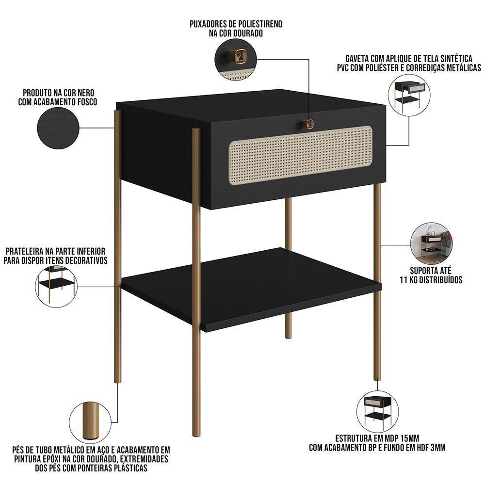 Cabeceira Casal Queen 160cm E 2 Mesas Laterais 1 Gaveta Industrial Indy A03 Nero - 4