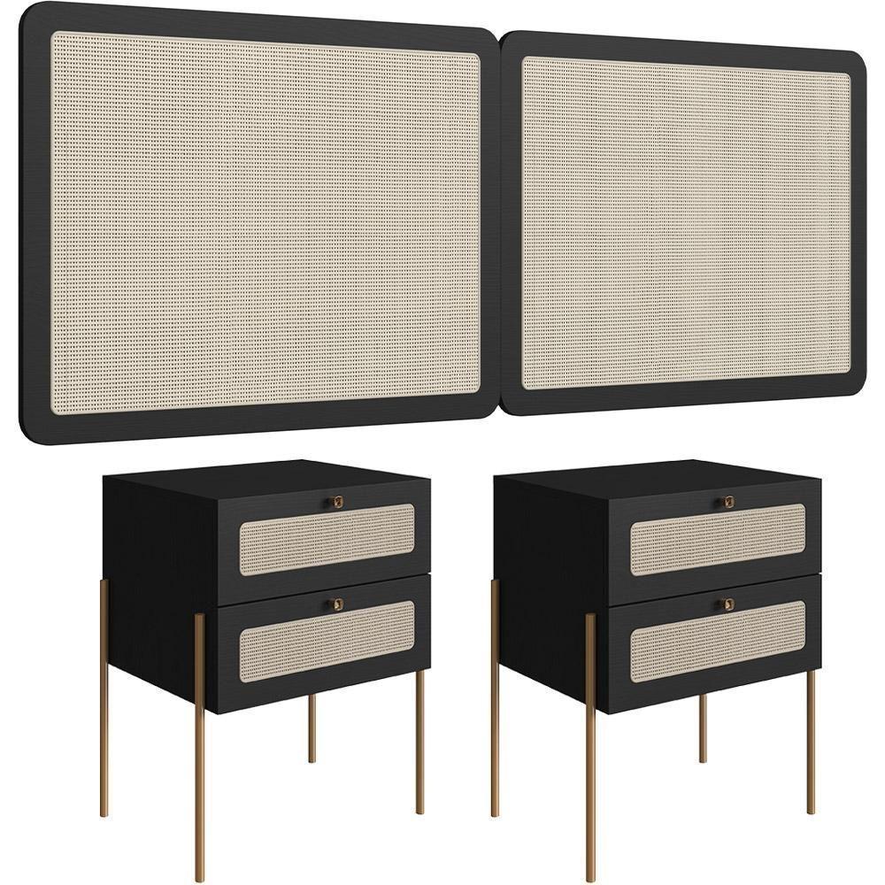 Cabeceira Casal Queen 160cm E 2 Mesas Laterais 2 Gavetas Industrial Indy A03 Nero - 1