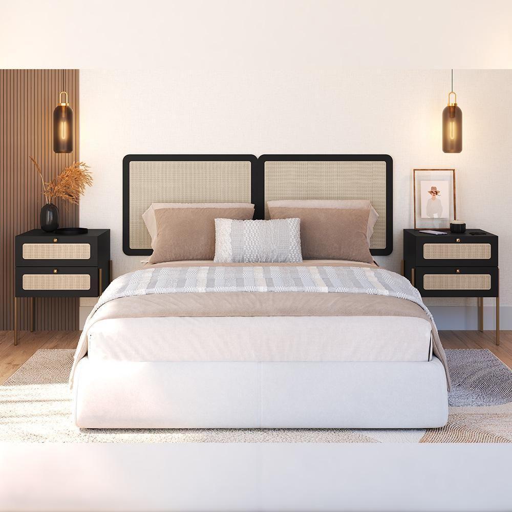 Cabeceira Casal Queen 160cm E 2 Mesas Laterais 2 Gavetas Industrial Indy A03 Nero - 6