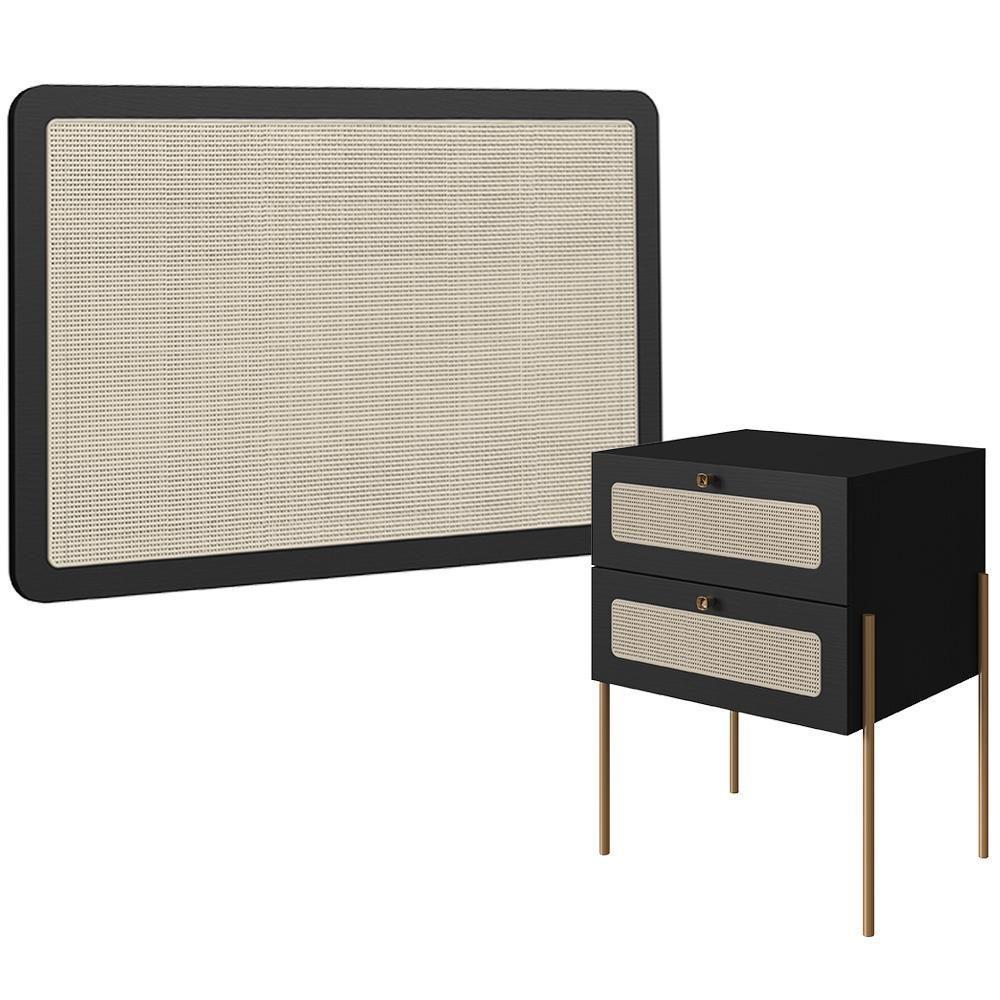 Cabeceira Solteiro 90cm E 1 Mesa Lateral 2 Gavetas Industrial Indy A03 Nero - 1