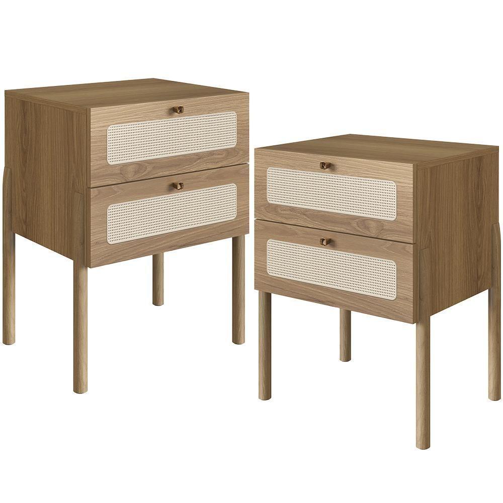 Kit 02 Mesas De Cabeceira 02 Gavetas Com Telinha Pés Madeira Moss A03 Hanover Roble - 1