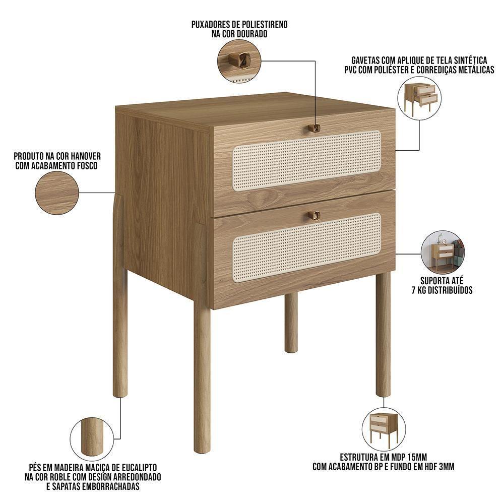 Kit 02 Mesas De Cabeceira 02 Gavetas Com Telinha Pés Madeira Moss A03 Hanover Roble - 4