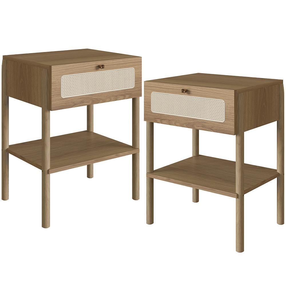 Kit 02 Mesas De Cabeceira 01 Gaveta Com Telinha Pés Madeira Moss A03 Hanover Roble - 1