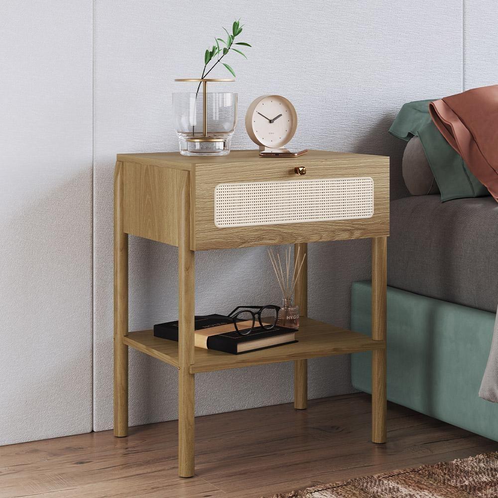 Kit 02 Mesas De Cabeceira 01 Gaveta Com Telinha Pés Madeira Moss A03 Hanover Roble - 5