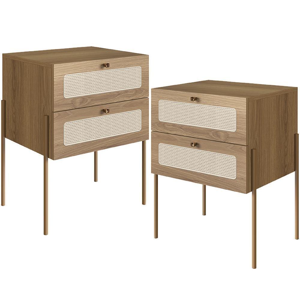 Kit 02 Mesas De Cabeceira 02 Gavetas Com Telinha Industrial Indy A03 Hanover Dourado - 1