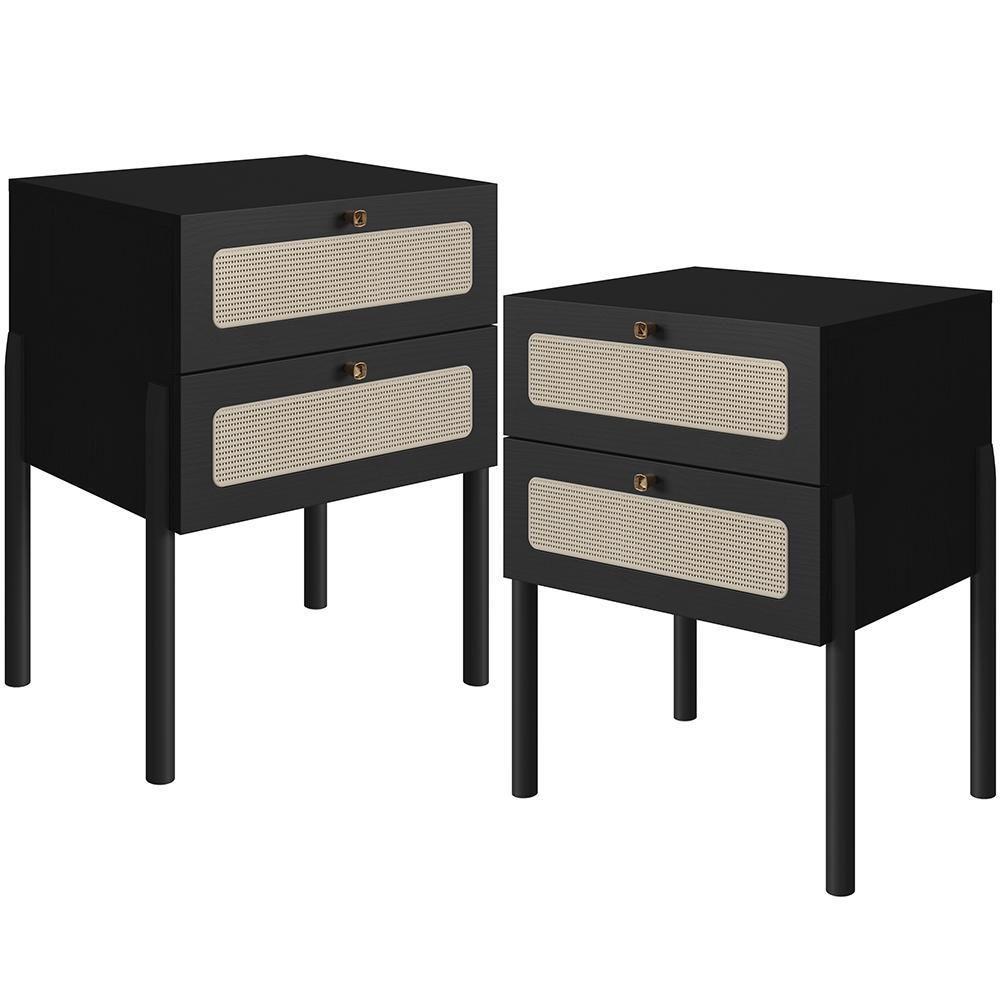 Kit 02 Mesas De Cabeceira 02 Gavetas Com Telinha Pés Madeira Moss A03 Nero Preto - 1