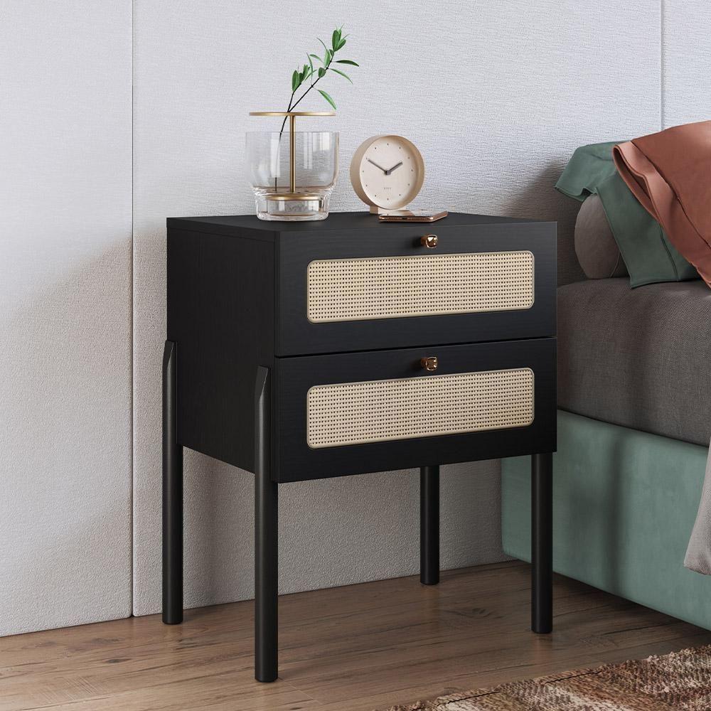 Kit 02 Mesas De Cabeceira 02 Gavetas Com Telinha Pés Madeira Moss A03 Nero Preto - 5