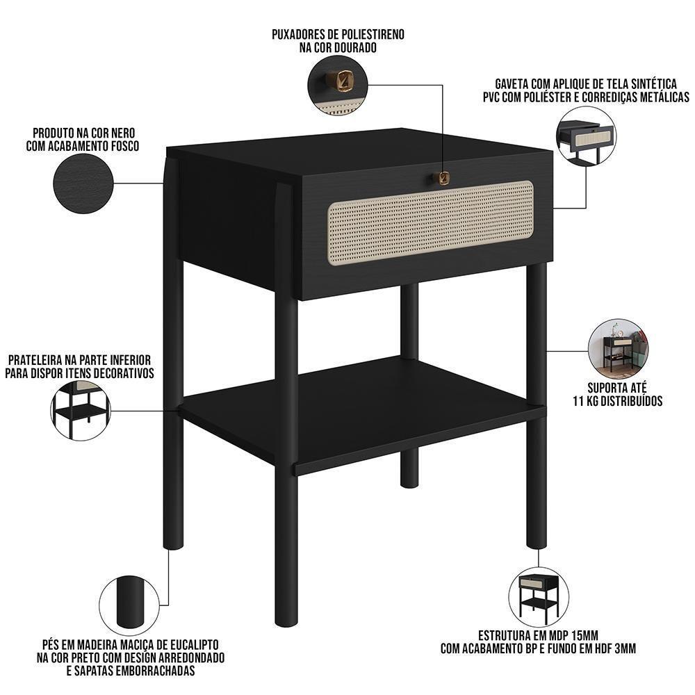 Mesa De Cabeceira 01 Gaveta Com Telinha Pés Madeira Moss A03 Nero Preto - 3