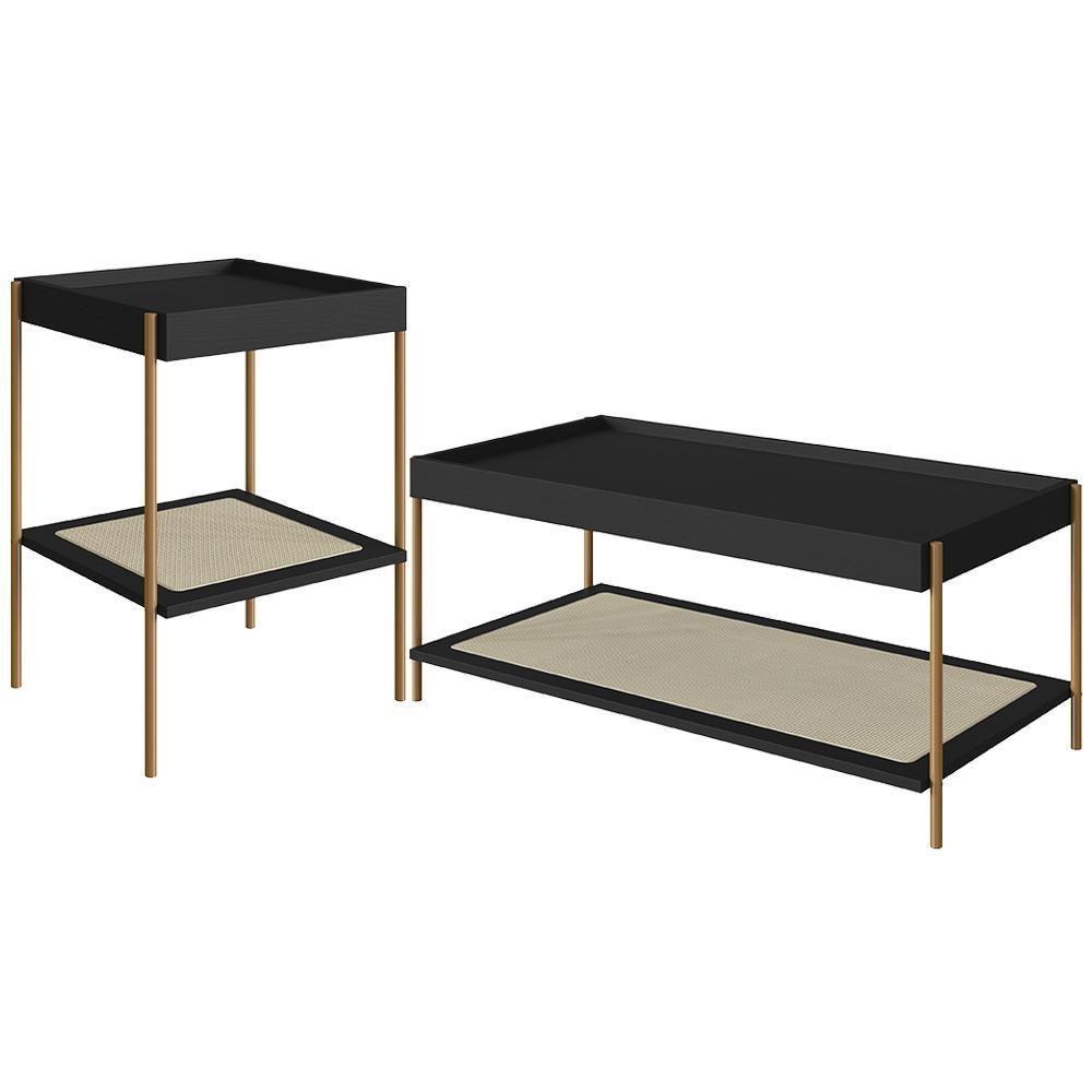 Conjunto Mesa De Centro E Mesa Lateral Para Sala Industrial Indy A03 Nero Dourado - 1