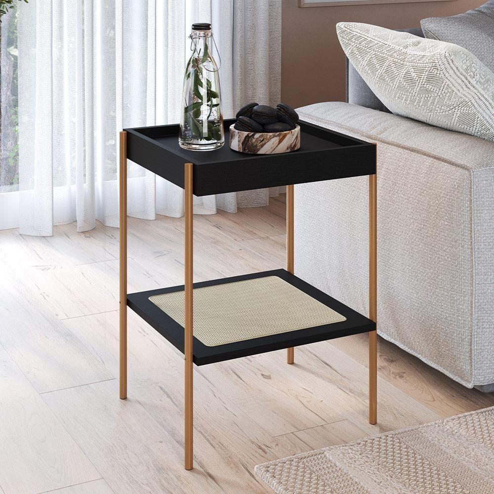 Conjunto Mesa De Centro E Mesa Lateral Para Sala Industrial Indy A03 Nero Dourado - 4