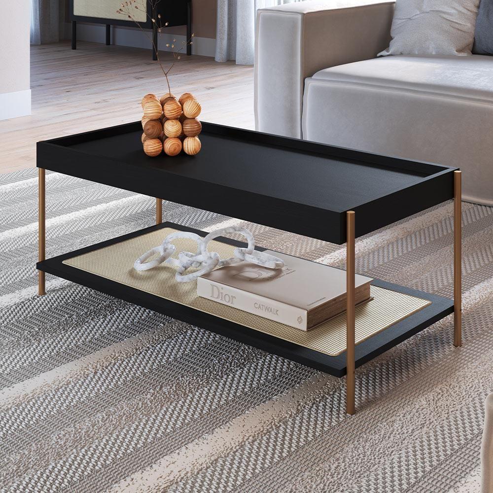 Conjunto Mesa De Centro E Mesa Lateral Para Sala Industrial Indy A03 Nero Dourado - 5