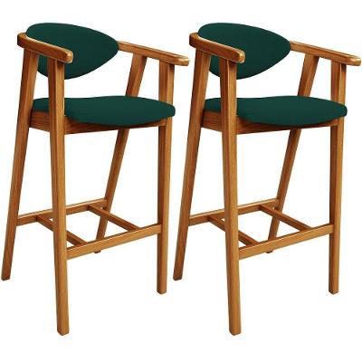 Kit 02 Banquetas Alta Cecília L02 Assento Poliéster Base Fixa com Encosto Verde para Área Gourmet