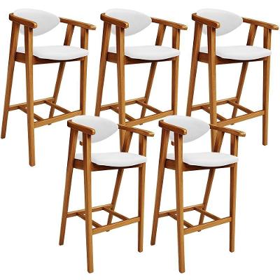 Kit 5 Banquetas Alta Cecília L02 Facto Assento em Tecido Base em Madeira com Encosto Branco