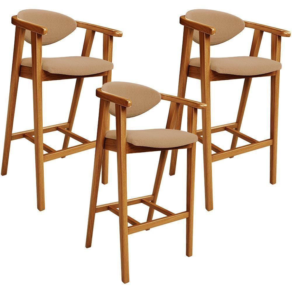 Kit 03 Banquetas Alta Cozinha Bancada Bar Sala De Jantar Fixa Cecília L02 Bouclê Mostarda - 1