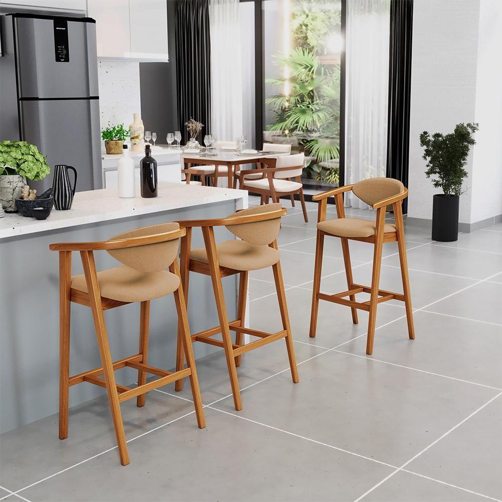 Kit 03 Banquetas Alta Cozinha Bancada Bar Sala De Jantar Fixa Cecília L02 Bouclê Mostarda - 6