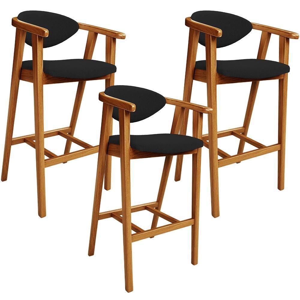 Kit 03 Banquetas Alta Para Cozinha Bancada Bar Sala De Jantar Fixa Cecília L02 Bouclê Preto - 1