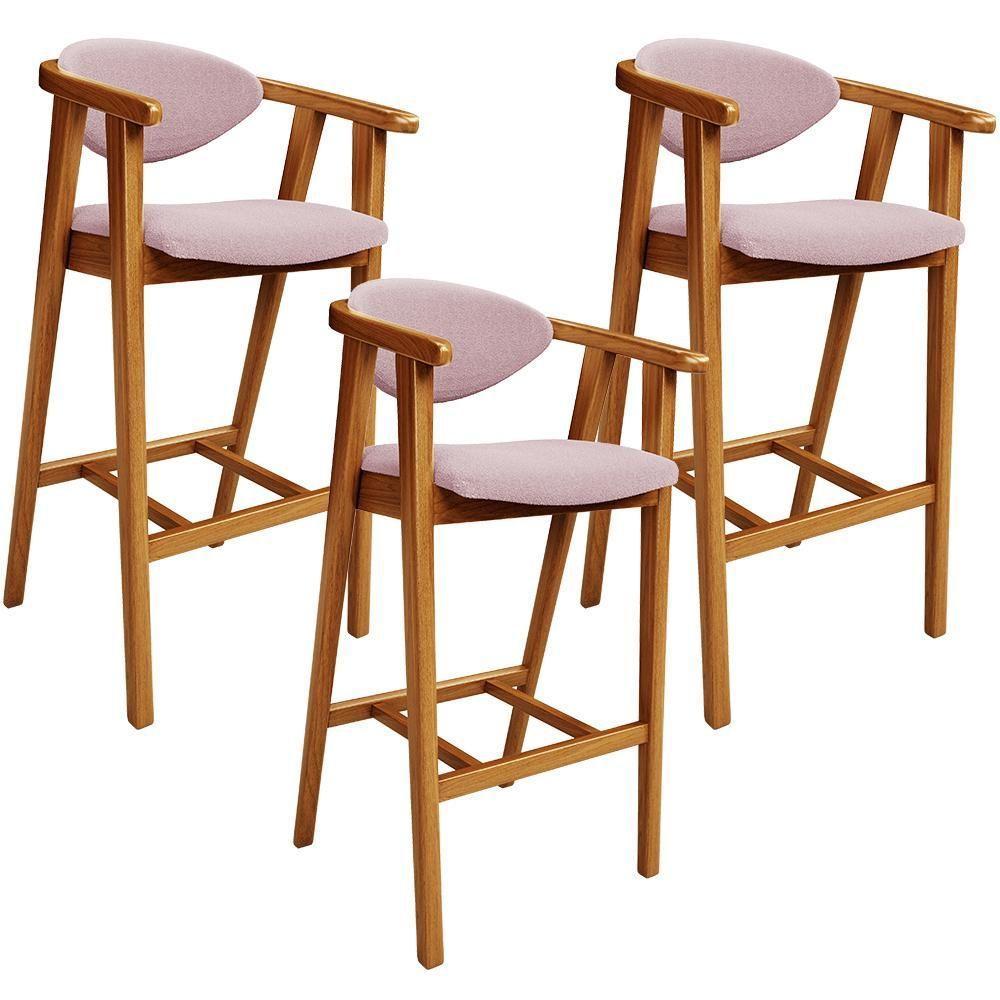 Kit 03 Banquetas Alta Para Cozinha Bancada Bar Sala De Jantar Fixa Cecília L02 Bouclê Rosê - 1