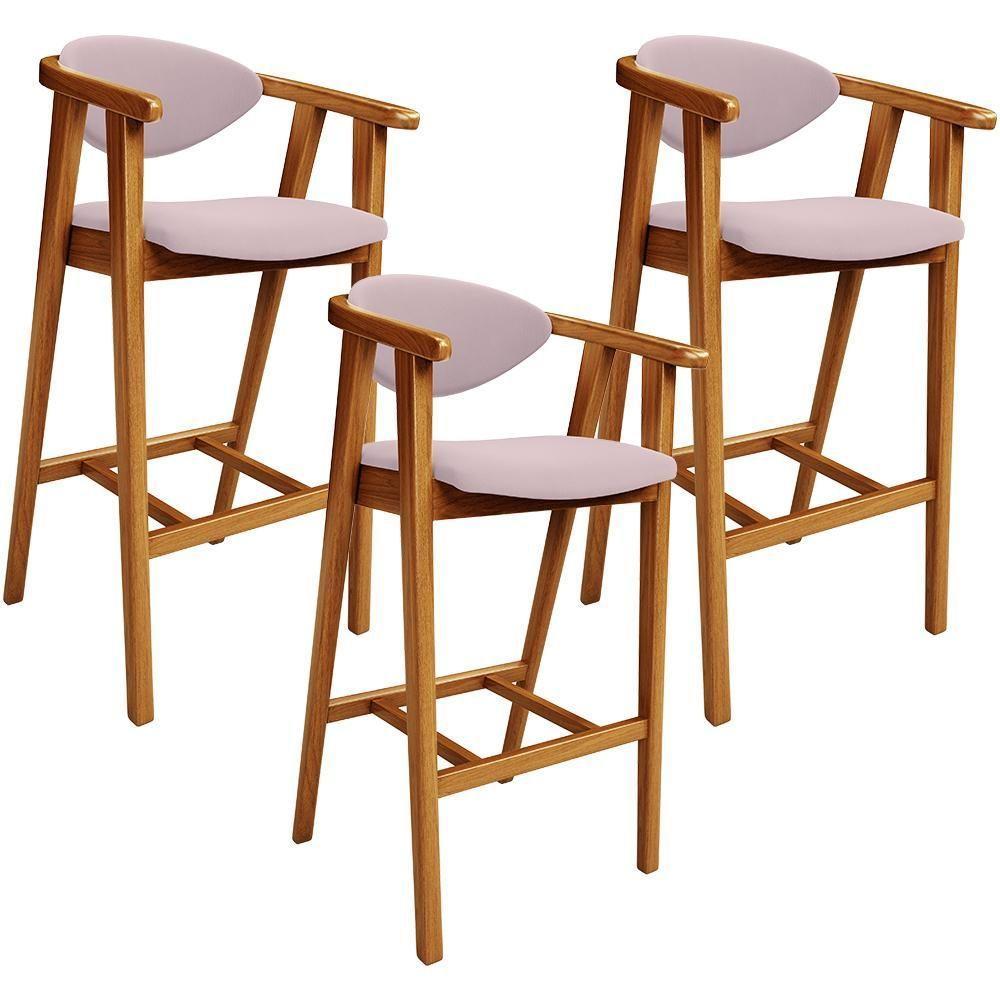 Kit 03 Banquetas Alta Para Cozinha Bancada Bar Sala De Jantar Fixa Cecília L02 Suede Rosê - 1